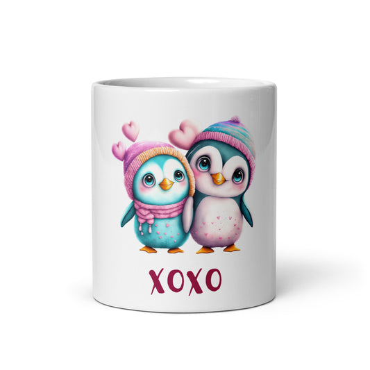 White glossy mug with printed cute penguin couple